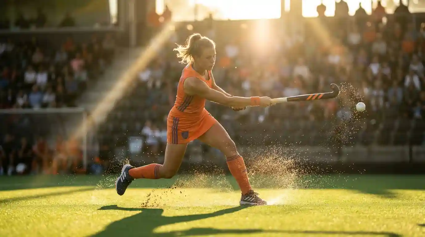 Hockeyspeler in actie op een groen kunstgrasveld tijdens een wedstrijd