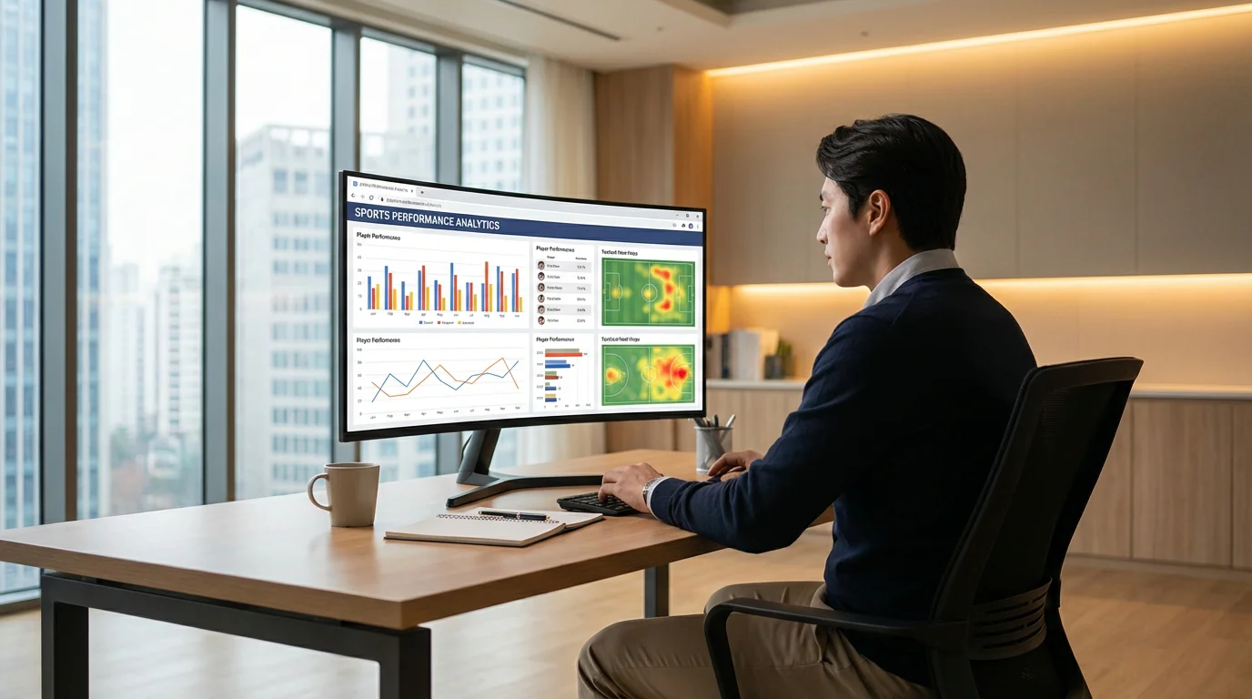 Persoon die sportdata analyseert op een computerscherm in een moderne werkruimte