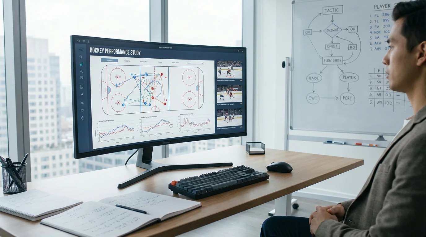 Analytische werkplek met hockeybeeld op scherm die onderzoek en analyse suggereert