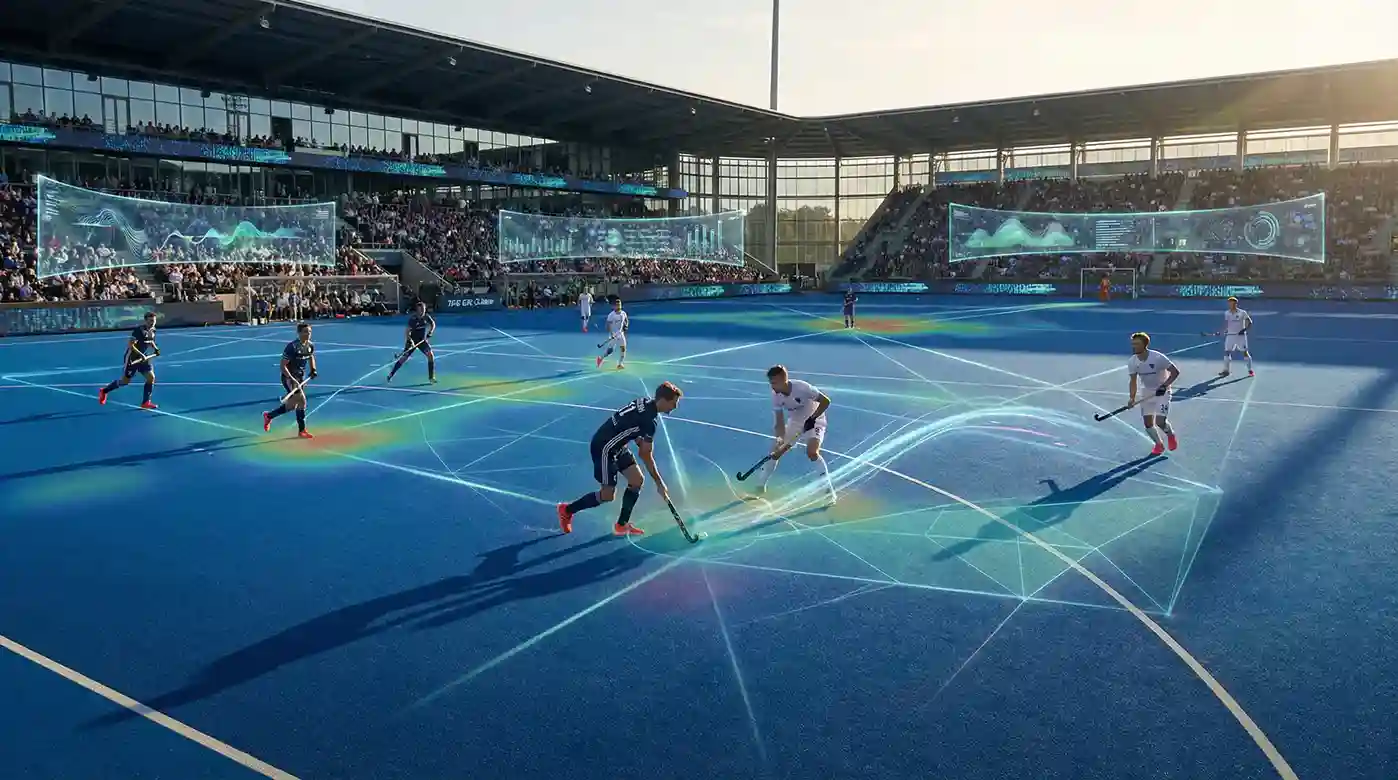Hockeyveld met analytische overlay die de verbinding tussen sport en analyse toont