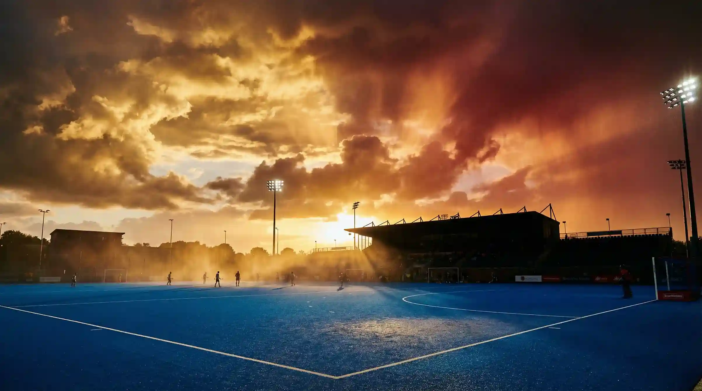 Hockeyveld bij zonsondergang met dramatische wolkenlucht